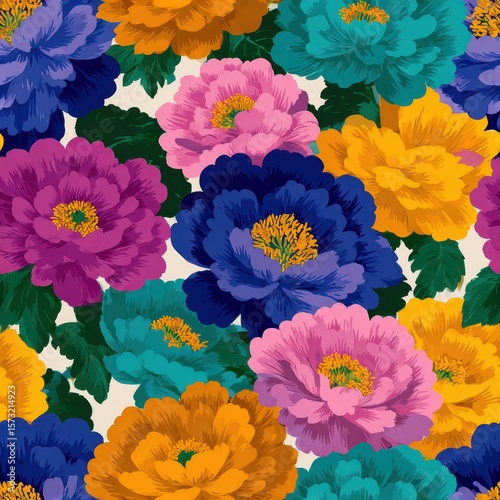 Vibrant Floral Pattern with Colorful Flowers and Leaves