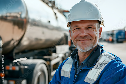 Smiling truck driver in safety gear stands by a tanker truck. Transportation industry, safety measures, and a professional at work. Focused, confident worker.