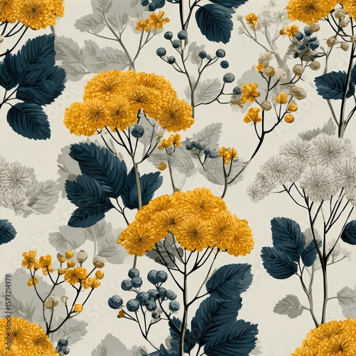 Vibrant Floral Pattern with Yellow and Blue Flowers on Cream Background