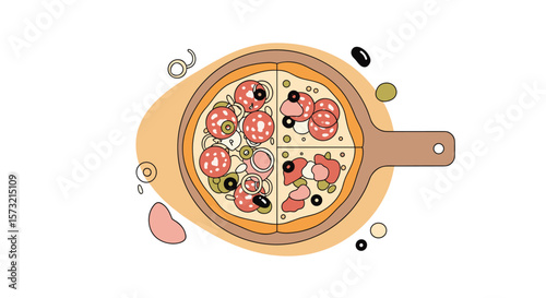 Deliciously Prepared Freshly Baked Savory Italian Pizza Topped With Olives Meats And Cheese Ready To Be Served For Enjoyment