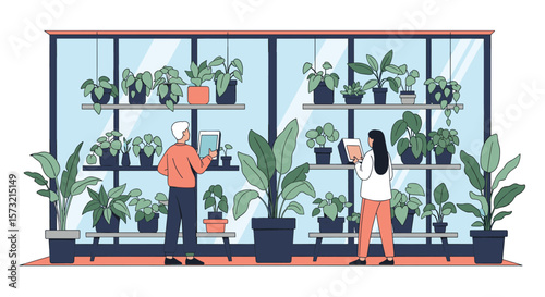 Two people admire a diverse collection of healthy green plants displayed on shelves within a bright greenhouse environment featuring large glass windows and natural light