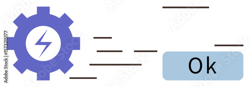 Purple gear with lightning bolt highlighting energy or automation, accompanied by an OK button and motion lines. Ideal for workflow, efficiency, tech, progress, system, success, simple flat metaphor