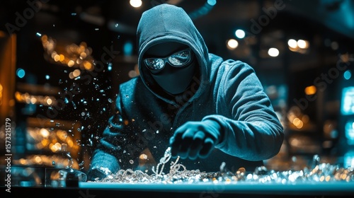 Hooded thief robbing jewelry store at night
