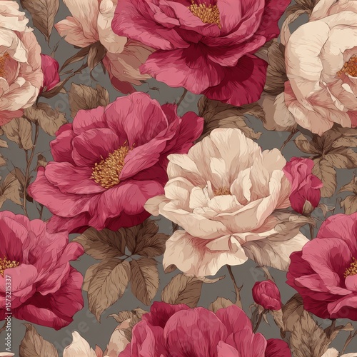 Vintage Floral Pattern Design with Pink and Cream Flowers on Gray