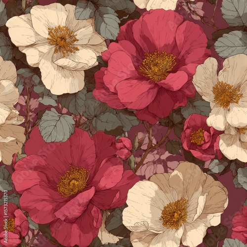 Elegant Floral Pattern with Pink and White Blooms and Green Leaves