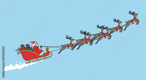 Santa Claus and his reindeer pulling a sleigh full of presents through the winter sky on Christmas Eve delivering gifts to children around the world