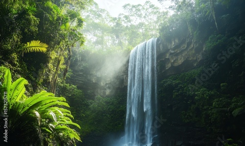 jungle waterfall cascading into a pool, lush green surroundings, humid air, sunlight through mist 