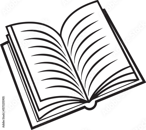 Open book with black outline and pages isolated on transparent background