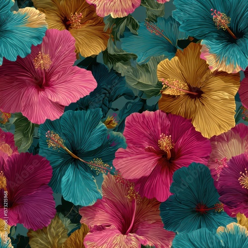 Vibrant Floral Background with Colorful Hibiscus Blossoms and Leaves