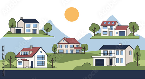 Diverse Array of Modern Residential Homes Nestled Amongst Rolling Hills Under a Bright Sunny Sky