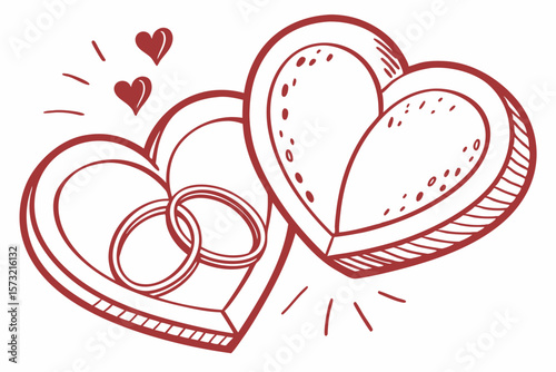 Two intertwined hearts with wedding rings love romance