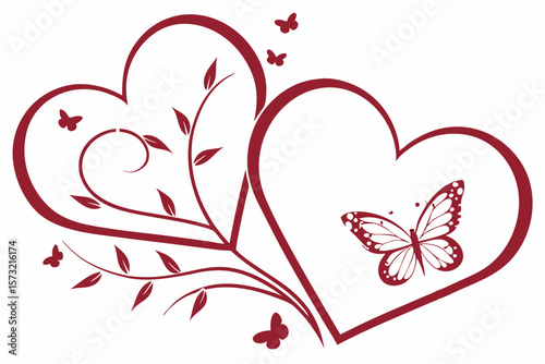 Two intertwined hearts with floral vine and butterflies love romance