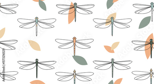 Charming Dragonfly Pattern with Delicate Wings and Soft Colored Leaves on a White Background