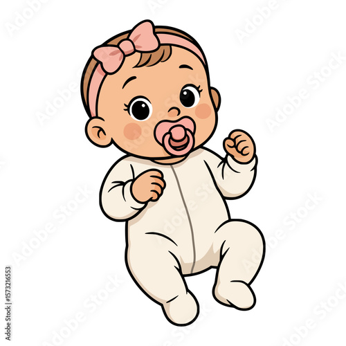 Vector illustration of a cute cartoon baby girl with a pink bow headband and pacifier, wearing a light-colored romper, lies on her back.