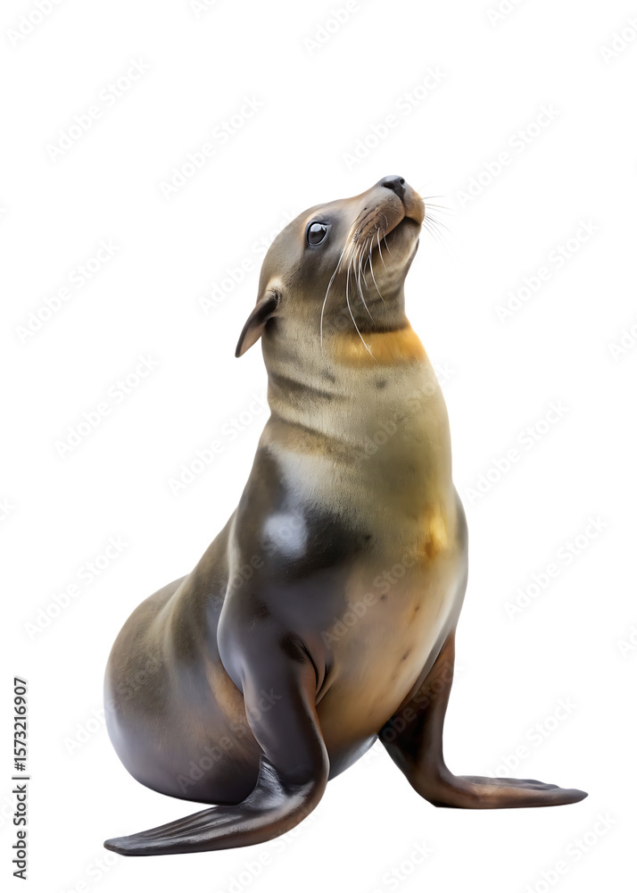 Naklejka premium Sea lion doing circus attraction with ball on its nose on isolated white background, PNG