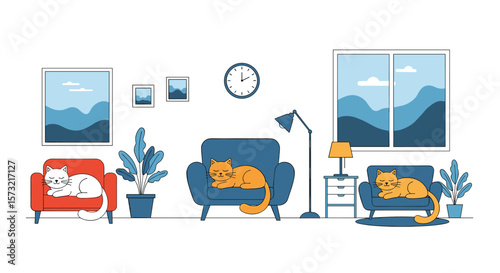 Cozy Living Room Scene with Cats Relaxing on Blue Armchairs and Red Sofa Amidst Lush Green Plants and Mountain Views from Windows