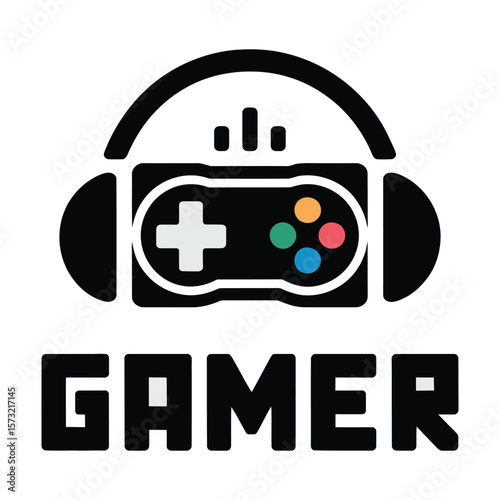 Black Gamer Icon with Headset and Colorful Game Controller gaming headphones