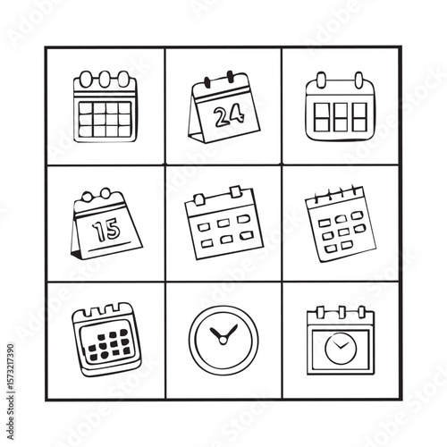 Calendars Icons: A collection of stylized calendars and a clock are displayed on a clean background, symbolizing schedules, appointments and time management.