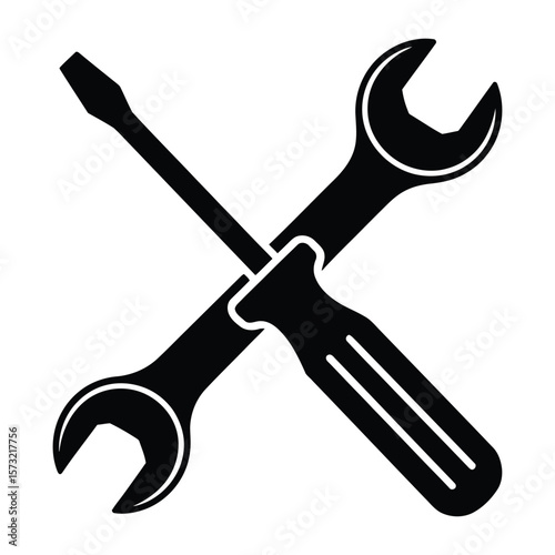 Black Silhouette Wrench and Screwdriver Crossed Tools Repair Maintenance Icon vector