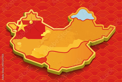 Stylized China map with national flag colors and textured regions yellow blue