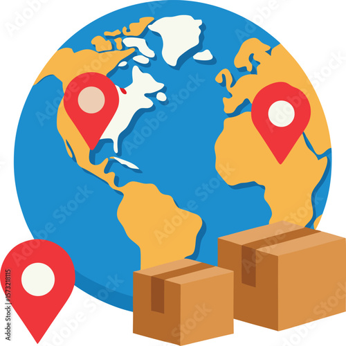 Global shipping and logistics with location pins and parcels