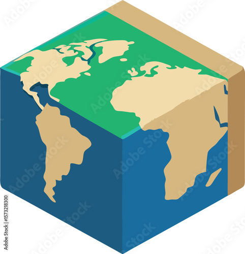 Stylized cube earth with continents and oceans