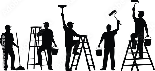 Painter, Decorator, Handyman, and Construction Workers Silhouettes with Tools and Ladders, Home Renovation, Professional Services, DIY, Home Improvement, Vector Illustration.