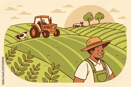 Farmer working on a tractor in a green field with cow vector