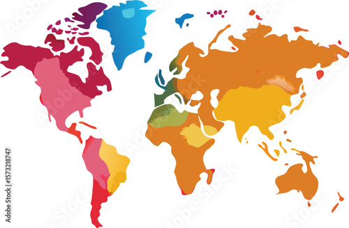 Colorful abstract world map with distinct continents and regions