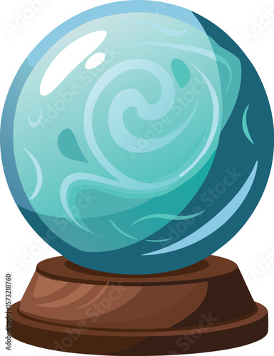Mystical crystal ball with swirling blue energy on a wooden stand