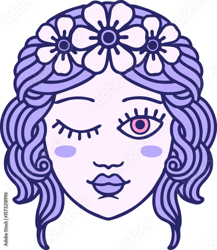 iconic tattoo style image of a maidens face winking in bright neon color