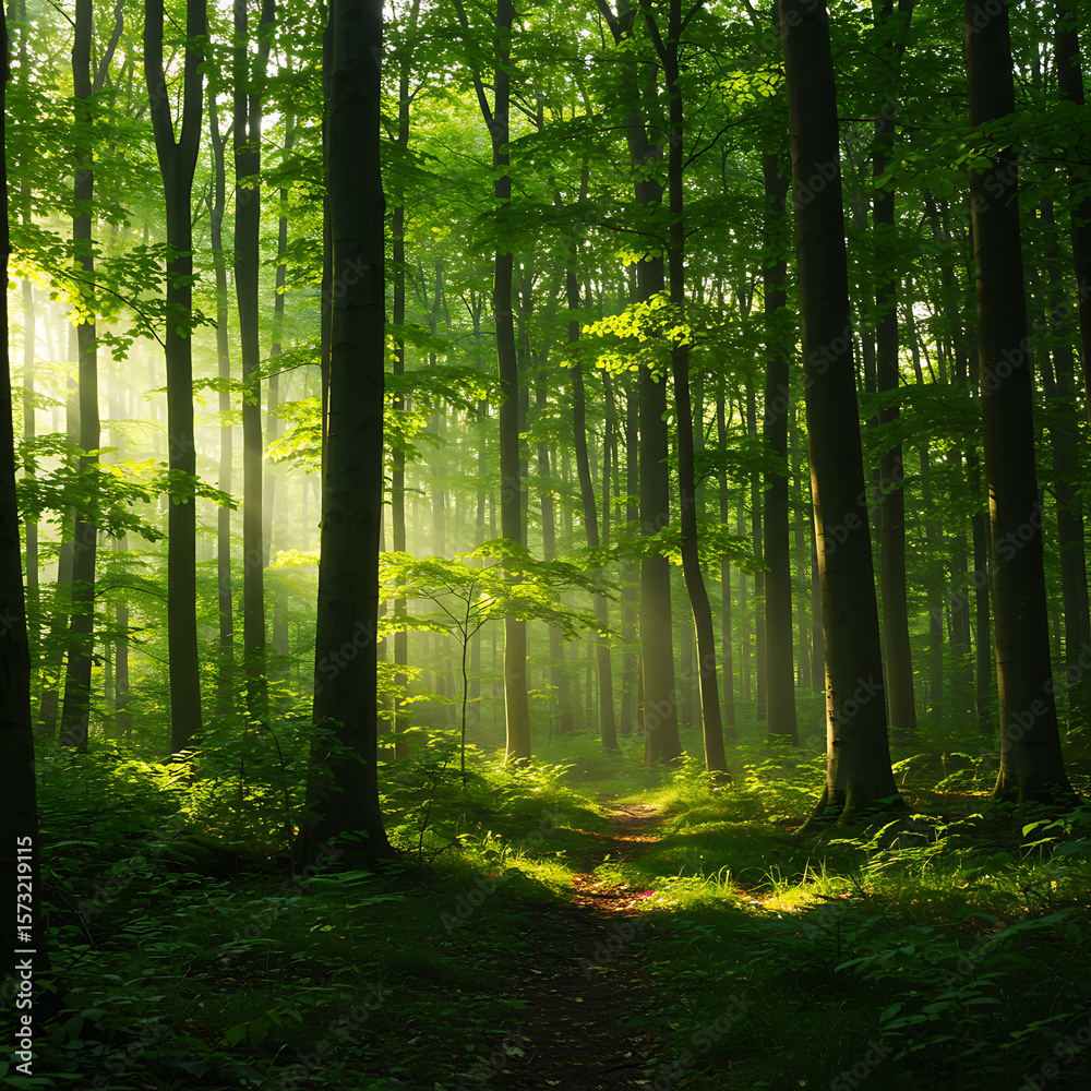Obraz premium Sunlight streams through a dense forest, illuminating a path through lush greenery.