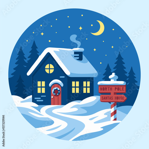 3D Shadow Box, 13 layers, Santa's house at North Pole with snowy forest and moon night