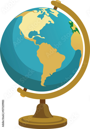 Stylized globe showing north and south america on a wooden stand