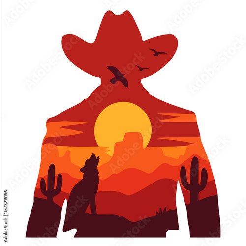 3D Shadow Box, 9 layers, cowboy silhouette with desert sunset and howling coyote