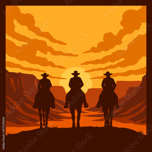 3D Shadow Box, 9 layers, three cowboys riding at sunset, desert landscape template