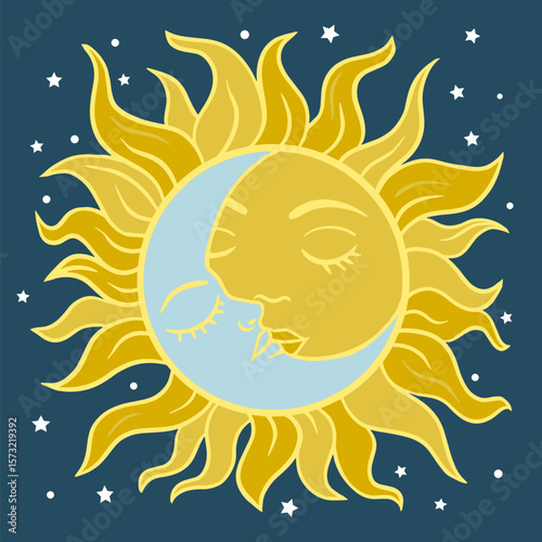 3D Shadow Box, 7 layers, sun and moon kiss celestial vector illustration