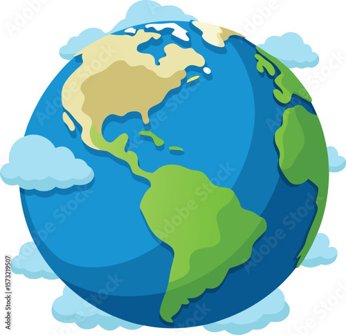 Stylized earth with north and south america surrounded by clouds