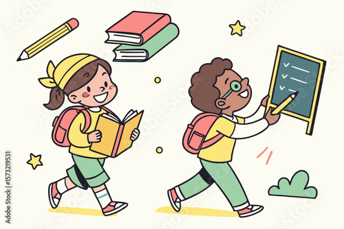 Cheerful children with books and backpacks school education