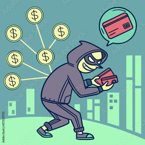  Cartoon Cybercriminal Holding Stolen Credit Cards Amid Floating Coins Online Fraud & Digital Theft Concept, Generative AI
