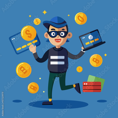  Cartoon Cybercriminal Holding Stolen Credit Cards Amid Floating Coins Online Fraud & Digital Theft Concept, Generative AI