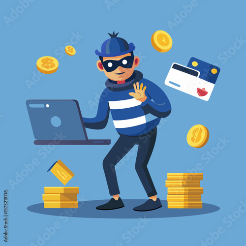  Cartoon Cybercriminal Holding Stolen Credit Cards Amid Floating Coins Online Fraud & Digital Theft Concept, Generative AI