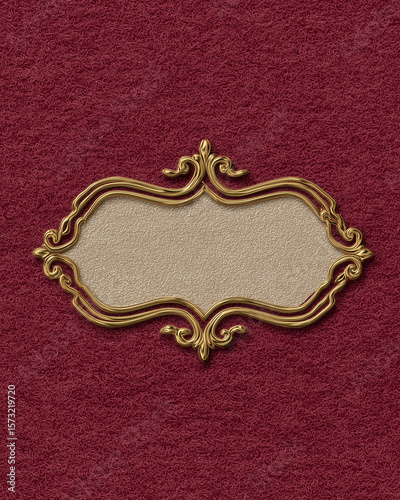 Ornate golden frame on burgundy surface, antique design for announcement or signage, with empty space in the center