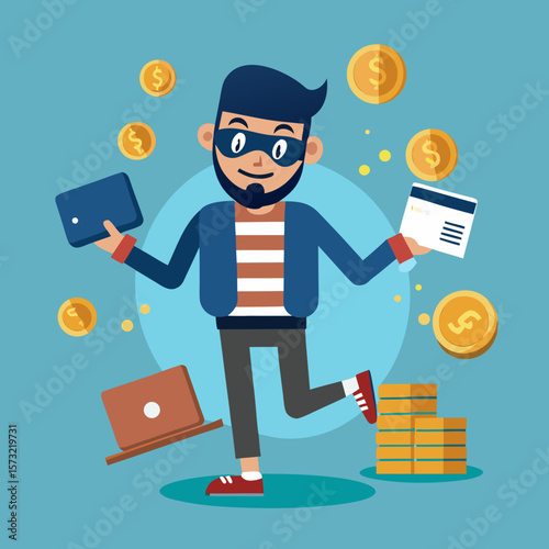  Cartoon Cybercriminal Holding Stolen Credit Cards Amid Floating Coins Online Fraud & Digital Theft Concept, Generative AI