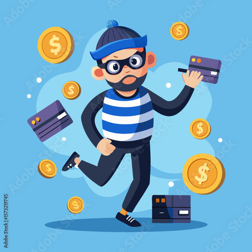  Cartoon Cybercriminal Holding Stolen Credit Cards Amid Floating Coins Online Fraud & Digital Theft Concept, Generative AI