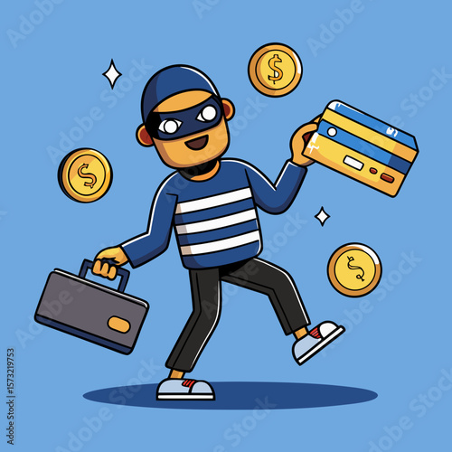  Cartoon Cybercriminal Holding Stolen Credit Cards Amid Floating Coins Online Fraud & Digital Theft Concept, Generative AI