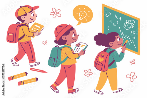 Children with backpacks and books near blackboard school education