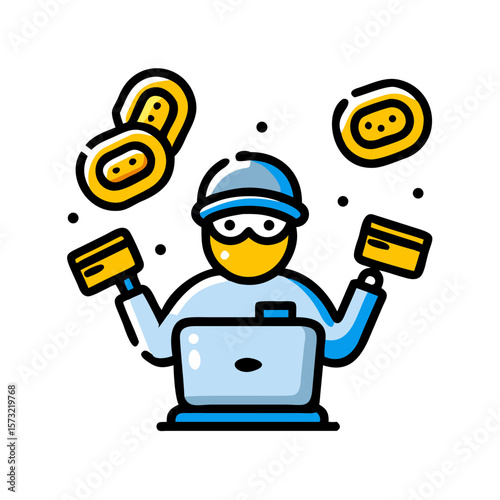  Cartoon Cybercriminal Holding Stolen Credit Cards Amid Floating Coins Online Fraud & Digital Theft Concept, Generative AI