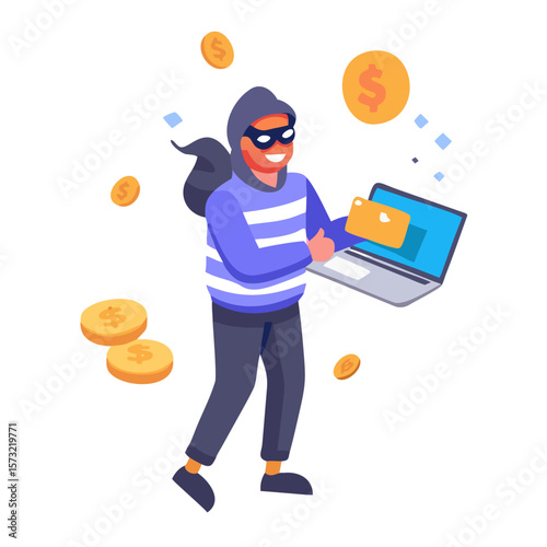  Cartoon Cybercriminal Holding Stolen Credit Cards Amid Floating Coins Online Fraud & Digital Theft Concept, Generative AI