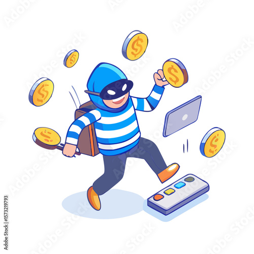  Cartoon Cybercriminal Holding Stolen Credit Cards Amid Floating Coins Online Fraud & Digital Theft Concept, Generative AI
